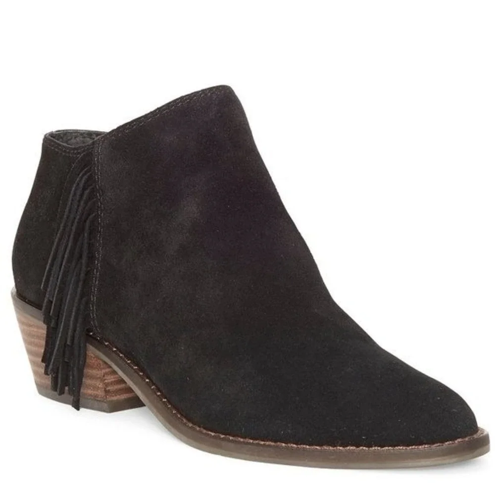 Lucky Brand Women's  Size‎ 7.5M Felisie Black Suede Fringe Booties Side Zip NWOB